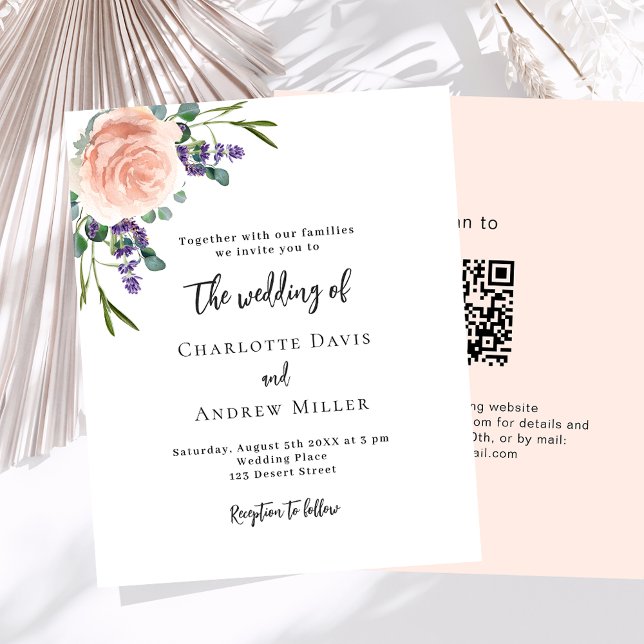 Rose lavender florals QR RSVP wedding invitation (Creator Uploaded)