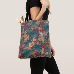 Rose, Lilac, Large Leaves Pattern Vintage Garden Tote Bag