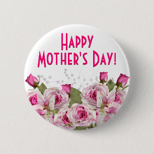Rose Lily Pearl Pink Mother's Day 6 Cm Round Badge
