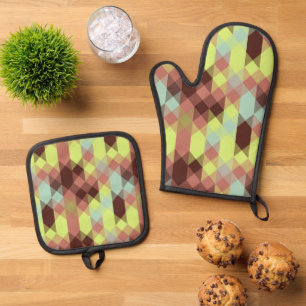 rose, lime, yellow and coffee bean geometric oven mitt & pot holder set