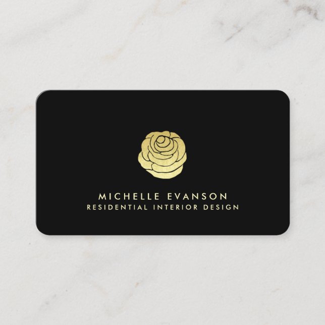 Rose Logo Faux Gold Foil Elegant Simple Black Business Card (Front)