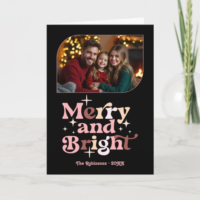 Rose Luxe Merry and Bright Retro Christmas Photo Holiday Card (Front)