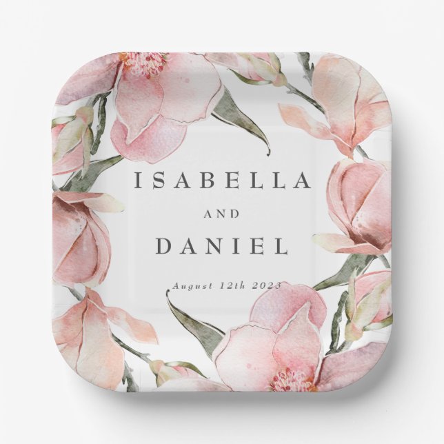 Rose Magnolia Custom Wedding Napkins Paper Plate (Front)