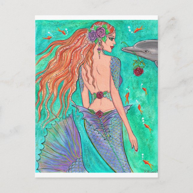 Rose Mermaid "The Gift" Dolphin Fantasy Art! Postcard (Front)