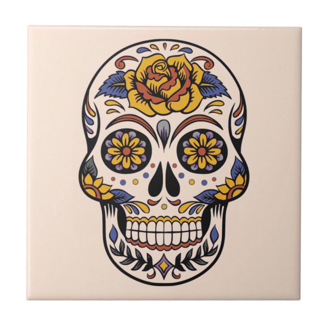 Rose Mexican Sugar Skull Day of the Dead Ceramic Tile (Front)