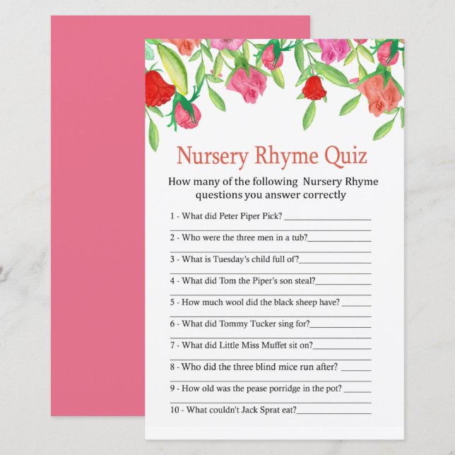 Rose Nursery Rhyme Quiz baby shower game (Front/Back)