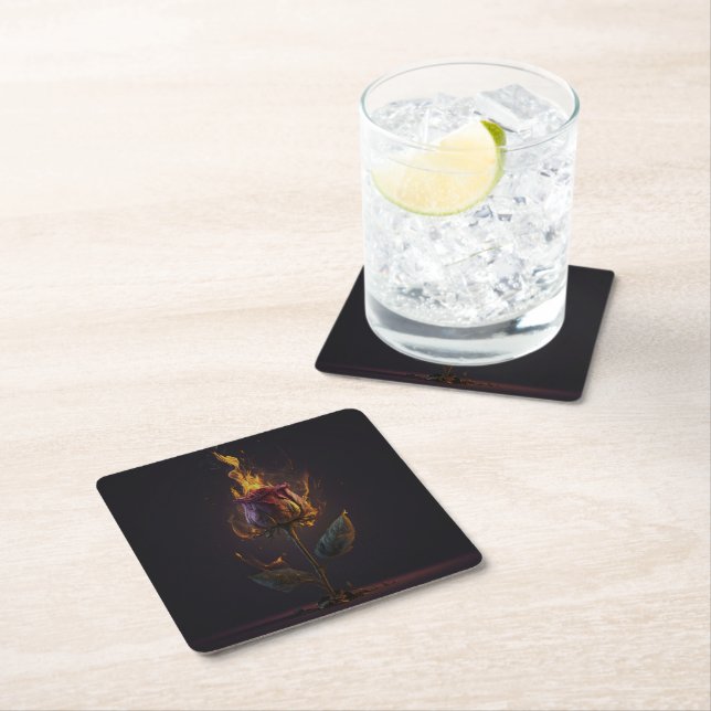 rose on fire square paper coaster (Insitu)
