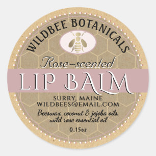 Rose on Kraft Beeswax Lip Balm with Dotted Border Classic Round Sticker