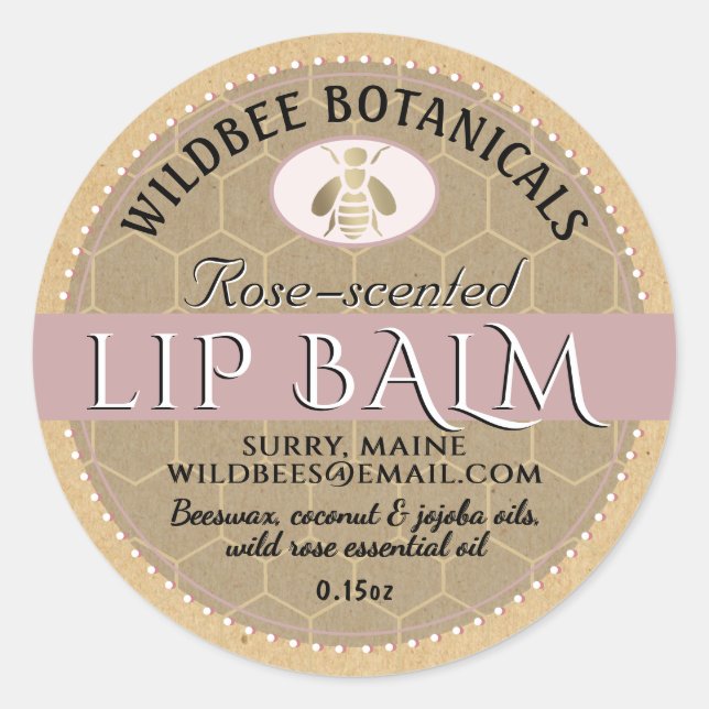 Rose on Kraft Beeswax Lip Balm with Dotted Border Classic Round Sticker (Front)