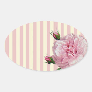 Rose on pink and white stripes oval sticker