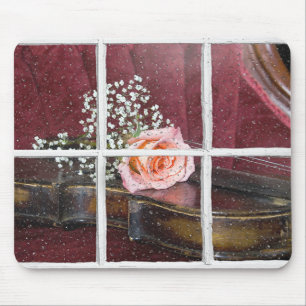 rose on violin in wet window mouse pad