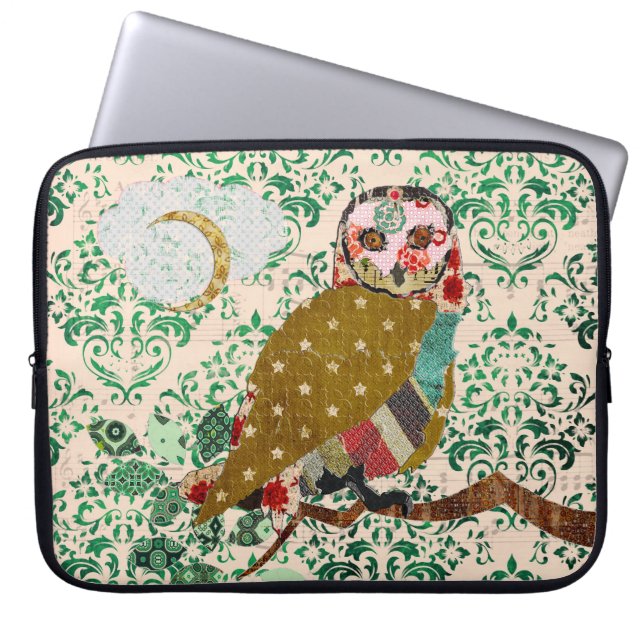 Rose Owl Green Damask Computer Sleeve (Front)