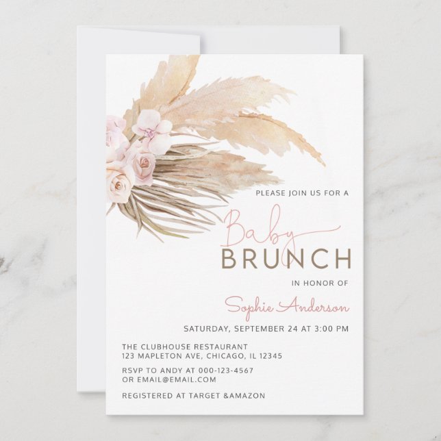 Rose Pampas Grass Boho Baby Brunch Baby Shower Inv Invitation (Front)