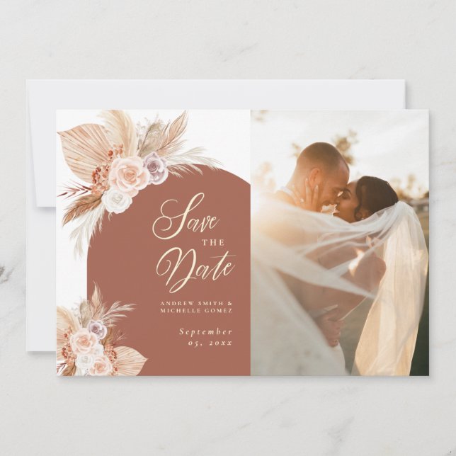 Rose Pampas Terracotta Arch Boho Photo Wedding Save The Date (Front)