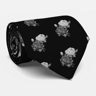 Rose Pattern Black and White Tie