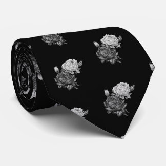 Rose Pattern Black and White Tie