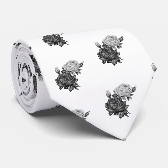 Rose Pattern Black and White Tie (Rolled)