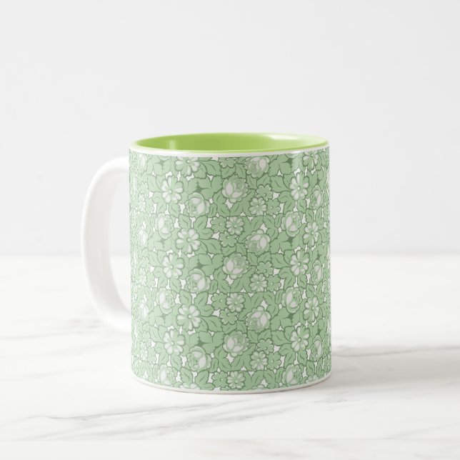 Rose pattern in light Green Two-Tone Coffee Mug (Front Left)