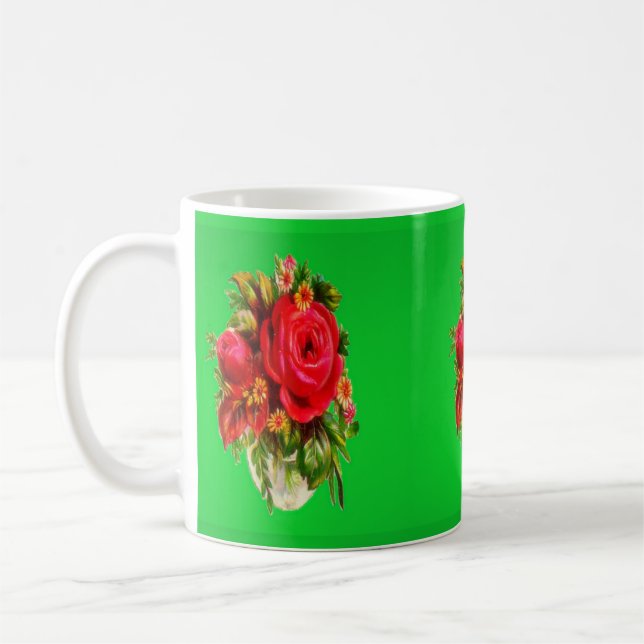 Rose pattern picture red and deep green colours coffee mug (Left)