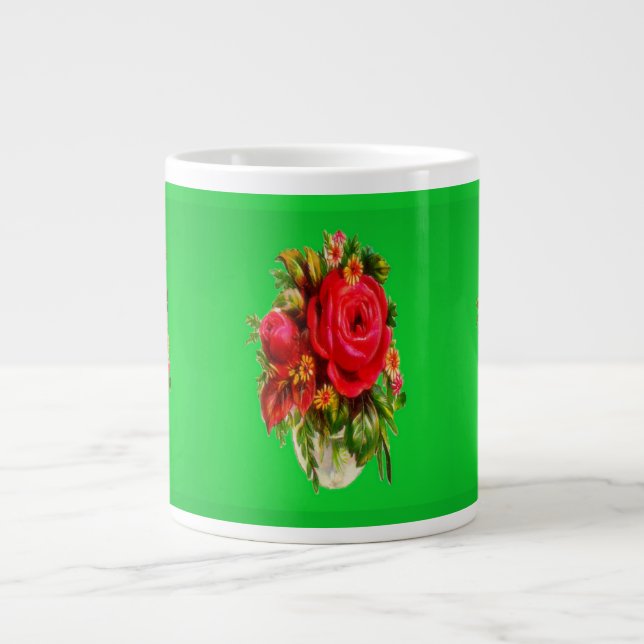 Rose pattern picture red and deep green colours large coffee mug (Front)