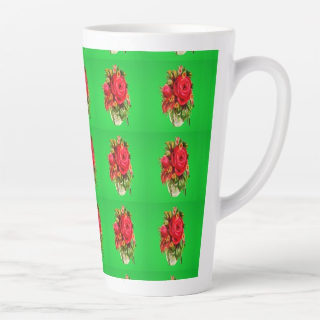 Rose pattern picture red and deep green colours latte mug (Right)