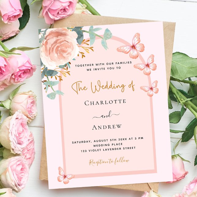 Rose peach floral greenery arch wedding invitation (Creator Uploaded)