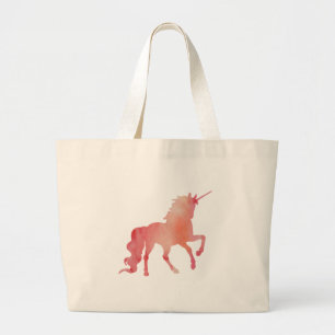 ROSE PEACH WATERCOLOR UNICORN WITH CLOUDS LARGE TOTE BAG