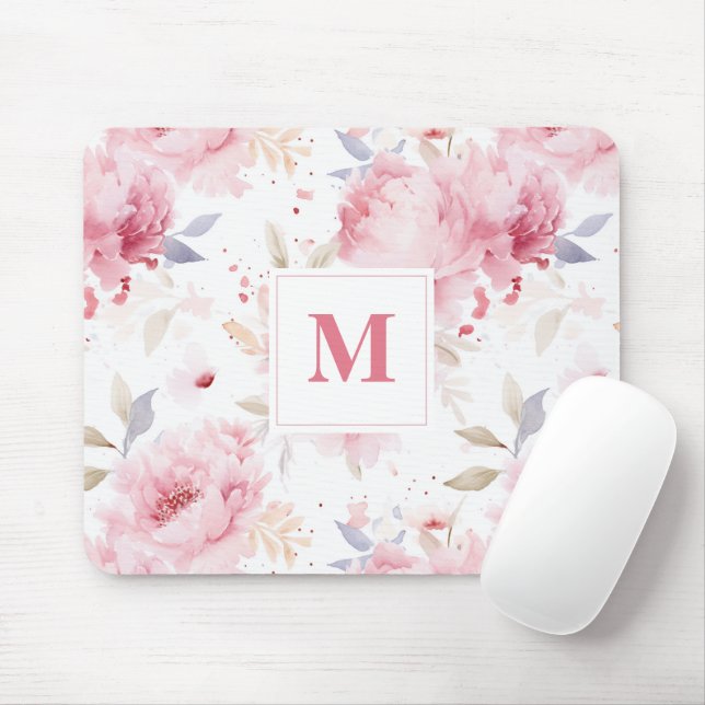 Rose Peonies Custom Monogram Mouse Pad (With Mouse)