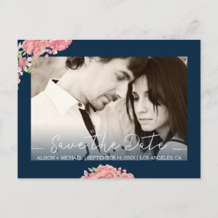 Rose peonies floral blue pink wedding save date announcement postcard