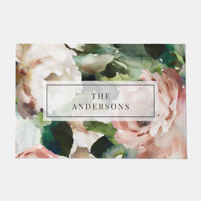 Rose peony floral and foliage eucalyptus stylish doormat (Front)