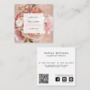 Rose & Peony QR Code Elegant Modern Floral Square Square Business Card