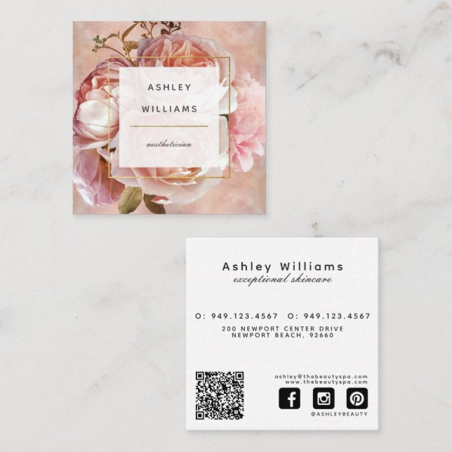 Rose & Peony QR Code Elegant Modern Floral Square Square Business Card (Front/Back)