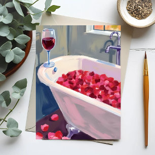 Rose Petal Bath Romantic Red Wine Painting Postcard