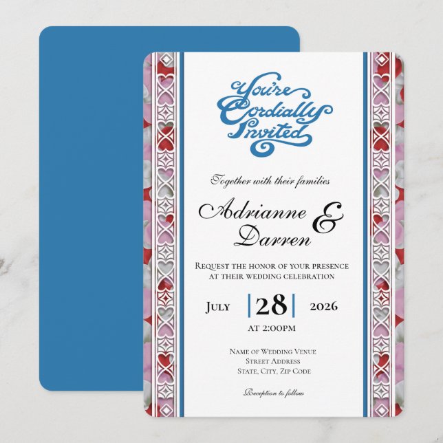 Rose Petal Wedding Invite 2 with Blue Letters (Front/Back)