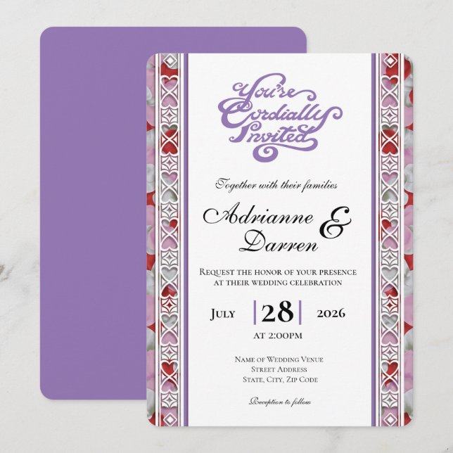 Rose Petal Wedding Invite 2 with Purple Letters (Front/Back)