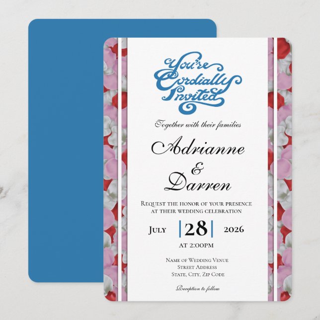 Rose Petal Wedding Invite 3 with Blue Letters (Front/Back)