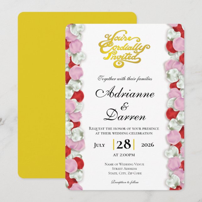 Rose Petal Wedding Invite 4 with Gold Letters (Front/Back)