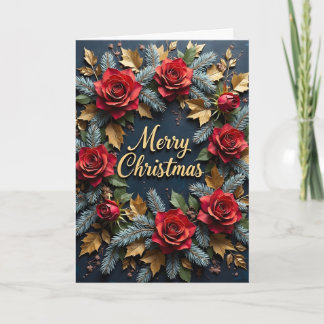 Rose & Pine Branch Wreath Christmas Card