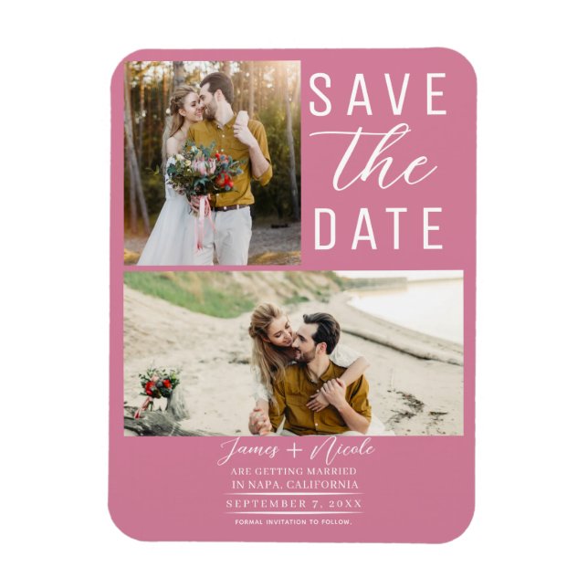 Rose Pink 2 Photos Save the Date Wedding Magnet (Vertical)
