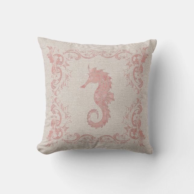 Rose Pink and Beige Seahorse Coastal Style Cushion (Front)