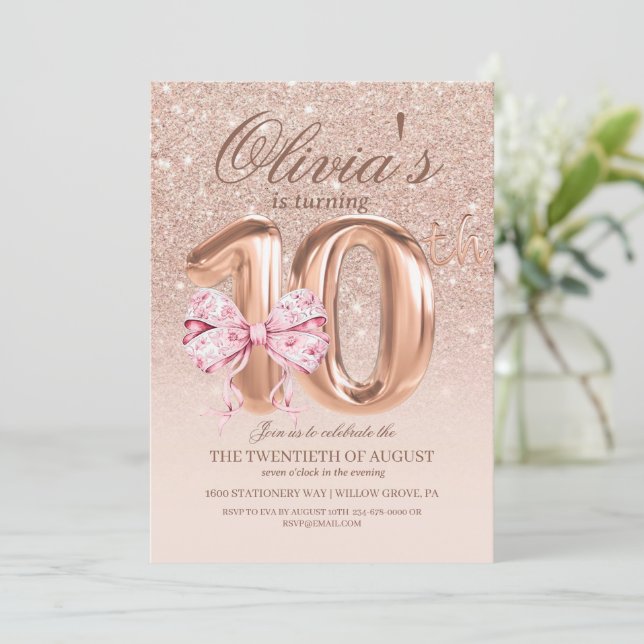  Rose Pink and  Gold  Bow 10th Birthday Party Invitation (Standing Front)