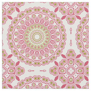 Rose Pink and Olive Green Kaleidoscopic Medallion Fabric