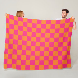 Rose Pink and Orange Checked Pattern Fleece Blanket