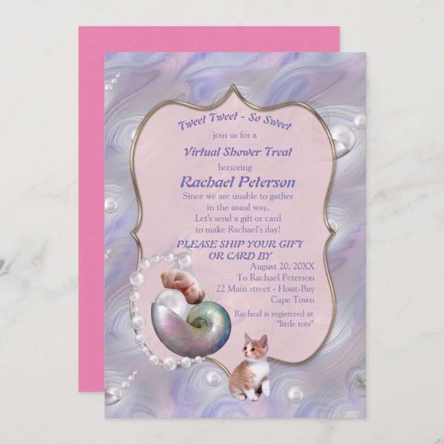 Rose-pink Baby Girl Virtual Shower  Invitation (Front/Back)