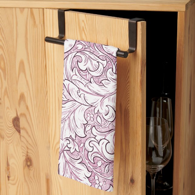 Rose Pink Baroque Ornate Foliage  Tea Towel (Thirds Fold)