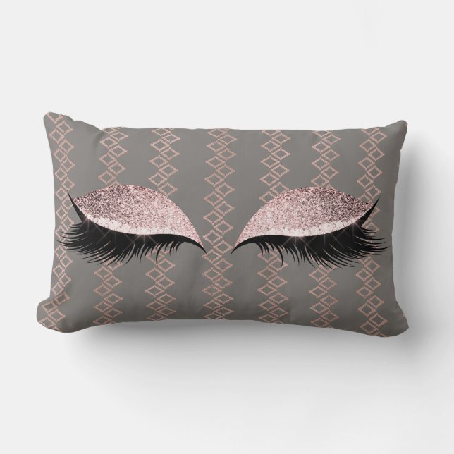 Rose Pink Blush Glitter Grey Glam Makeup Ethnic Lumbar Cushion (Front)
