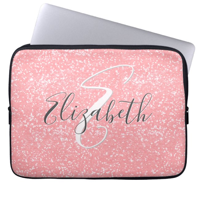 Rose Pink Blush Sequins Sparkle Monogram Laptop Sleeve (Front)