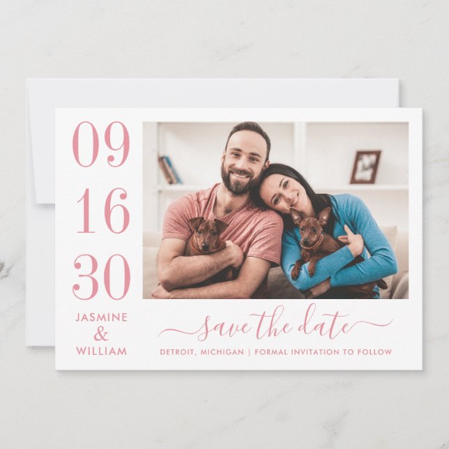 Rose Pink Bold Date Numeral Photo Wedding Save The Date (Front)