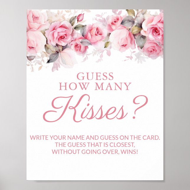 Rose Pink Bridal Shower Guess Kisses Game Poster (Front)