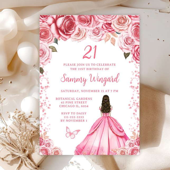 Rose Pink Brown Hair Princess Birthday Party Invitation (Creator Uploaded)